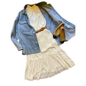 Michael Kors Textured Smocked High Neck Ivory Flowy Chic Tiered Dress Size XXS